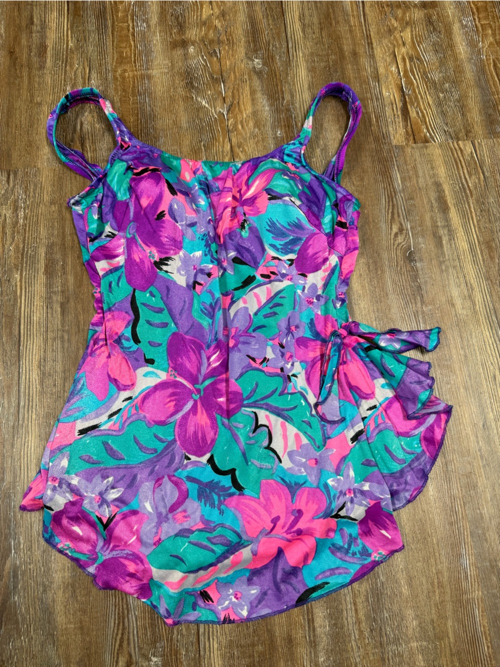 Vintage Maxine of Hollywood pink, purple, and teal floral print swimsuit size 12